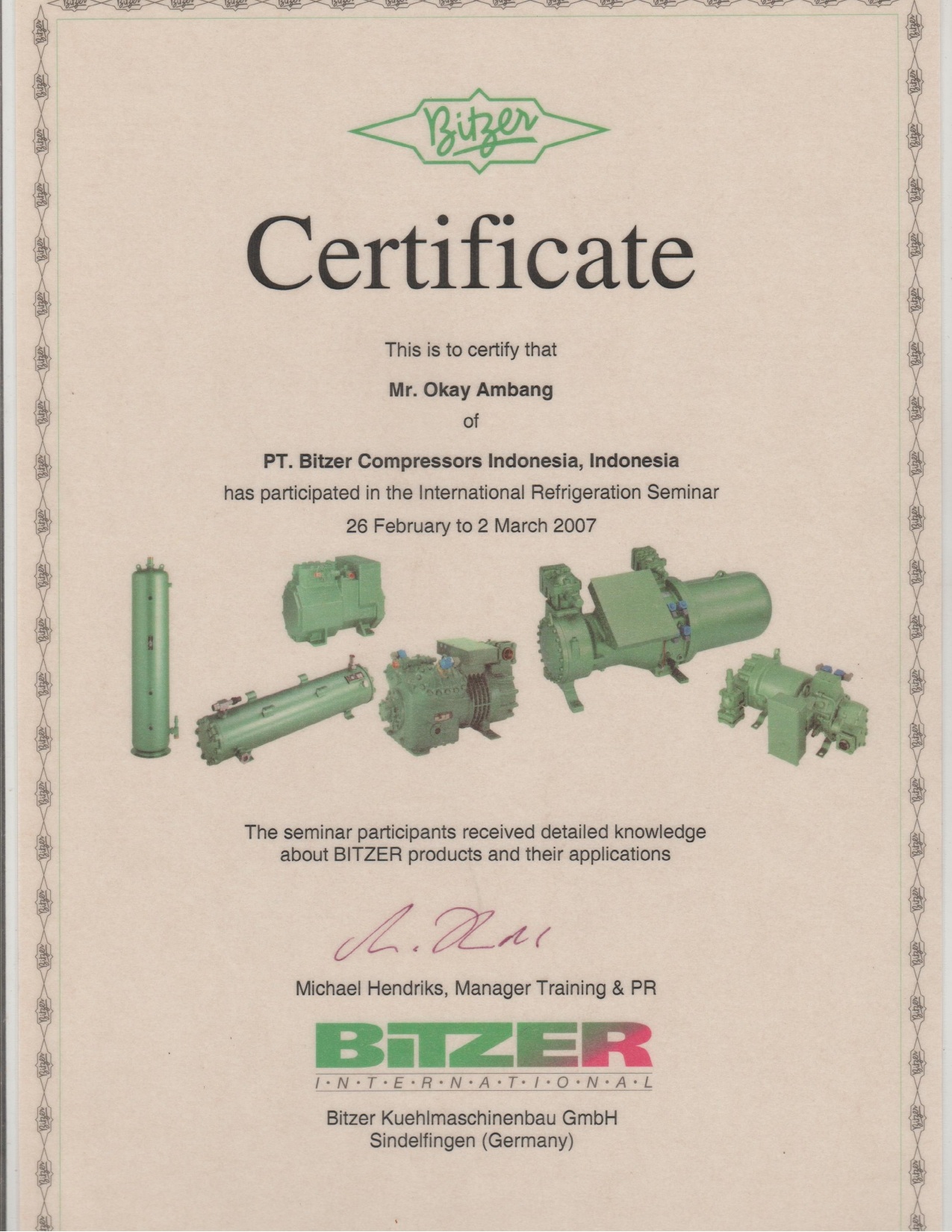 Sertifikat bitzer & Overhoul Compresso